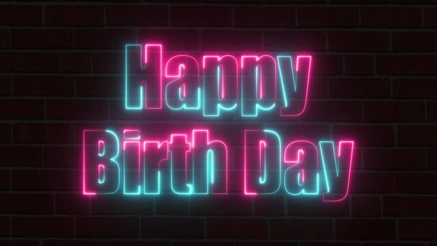 Happy Birthday neon sign on brick wall for party decoration .Design elements.  Light effect banner and vector stock illustration.