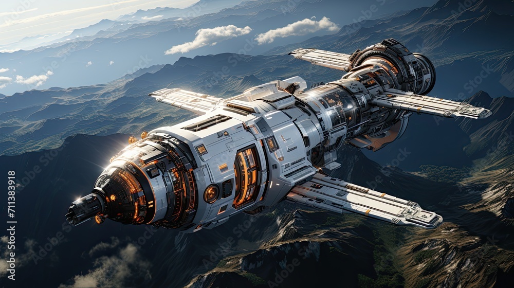 Aufkleber large spaceship in space in orbit against the background of the earth, cinematic still, future conce