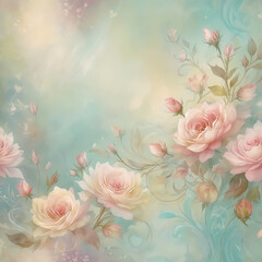 A vintage-style painting of pink roses on a teal background.