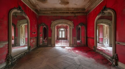 A deserted mansion's grand hall filled with antique mirrors, each reflecting distorted images of an unseen presence. Cinematic red undertones.
