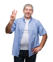 Handsome senior man over isolated background showing and pointing up with fingers number three while smiling confident and happy.