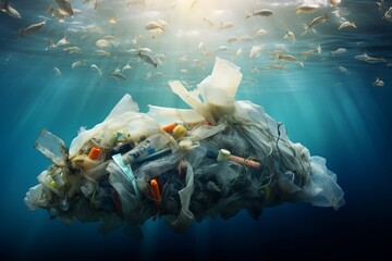 Polluted ocean with plastic waste. Global environmental contamination concept - 711384380
