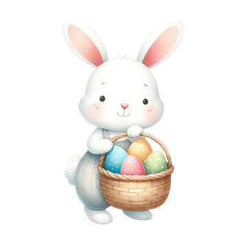 Happy Easter watercolor bunny and basket easter egg for easter day clipart