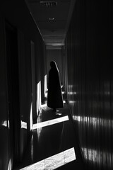 A dimly lit corridor with a solitary figure cloaked in shadows, their face obscured. Harsh...