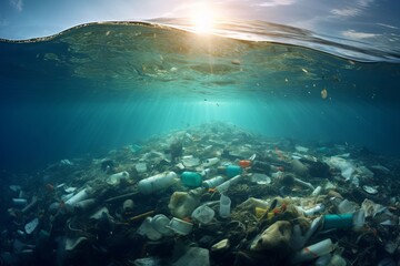 Underwater photo of polluted ocean with plastic waste. Global environmental contamination concept
