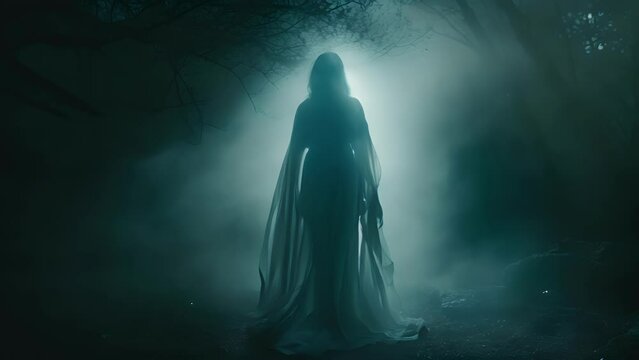 A ghostly apparition of a woman shrouded in a cloudy ectoplasmic mist hovering in the moonlight.