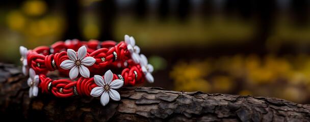 Handmade red and white Martisor bracelets with floral accents placed on a wooden surface, symbolizing the arrival of spring