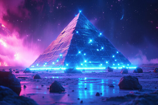 A triangular pyramid planet with blue and green LED lights in an asteroid belt. 