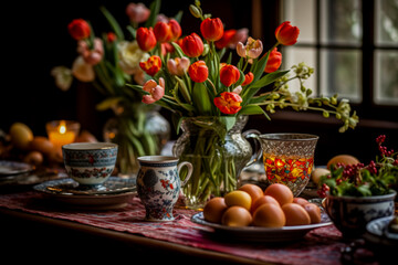 A cozy Nowruz table setting featuring a bouquet of tulips, colored eggs, and traditional teacups, illuminated by candlelight
