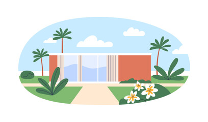 Villa, holiday house at summer resort. Building exterior in nature, modern architecture style. Contemporary home, palm trees, sky landscape. Flat vector illustration isolated on white background