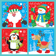 set of christmas elements with santa, snowman, penguin and reindeer