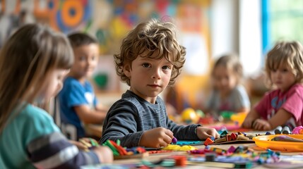 Fototapeta premium Focused Toddler During Playtime in Preschool