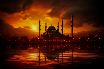 A silhouette of a mosque with minarets against a dramatic orange sunset reflecting in the water, evoking a peaceful, spiritual atmosphere
