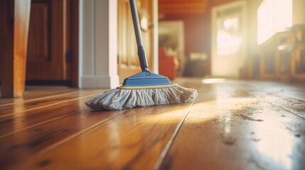 sustainable cleaning. Cleaning Wooden Floor with Mop in Sunlit Room. wooden floor being cleaned with a blue mop, symbolizing household chores and cleanliness