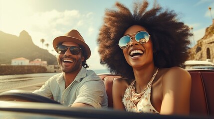 A cheerful African-American couple in glasses on a convertible travels the world - obrazy, fototapety, plakaty