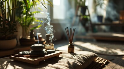 Tranquil Meditation Space with Incense and Zen Garden. serene mindfulness corner featuring meditation cushions, burning incense sticks, calming stones, spiritual and mental wellness. - obrazy, fototapety, plakaty