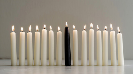 A solitary black candle stands boldly amidst a line of white candles. Its dark elegance contrasts, casting a mysterious ambiance in the luminous company of its pale counterparts.