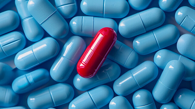 A solitary red capsule stands out amid a group of blue ones. Its distinct color hints at uniqueness, a vivid contrast in the array of pharmaceutical capsules, suggesting a specific purpose.