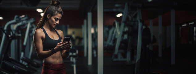 AI-Powered Fitness App for Gym and Home Workout. Focused Female Athlete Using AI Fitness App at Gym.