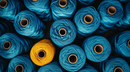 A lone spool of yellow thread stands out amidst a cluster of silky blue threads. Its vibrant hue adds a cheerful contrast, a sunny presence in the sea of cool blues. - obrazy, fototapety, plakaty