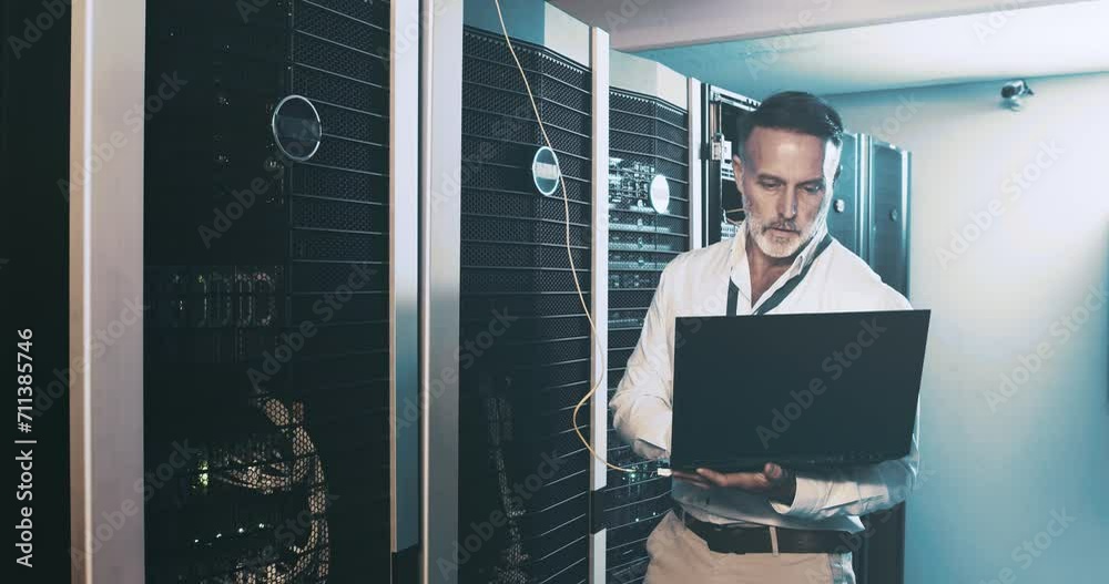 Aufkleber Mature man in server room with laptop, network maintenance and engineer in digital storage for database update. Tech employee, system administration and technician online in data center with computer