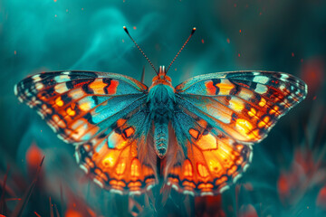 A butterfly painted with strokes of red, orange, and yellow to mimic fire.