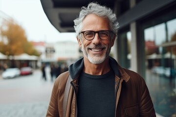 Portrait of happy senior man with eyeglasses in city street