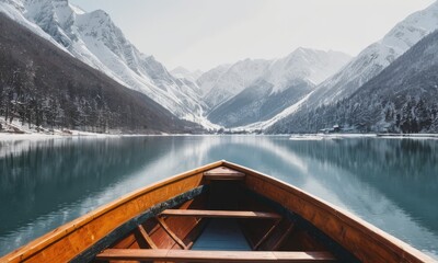 Obraz premium Serene Mountain Lake View From Wooden Rowboat