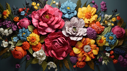 Ethereal Floral Elegance, 3D flowers, sublimated in a multitude of colors, arranged as a bouquet against a textured wooden canvas, Created using generative AI