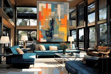 Digitally enhanced interior with abstract art paintings. Generative AI