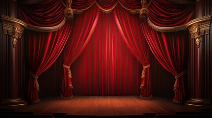 Red curtains on the stage of theater and film. Empty Stage with a closed red curtain, light from footlights background - obrazy, fototapety, plakaty