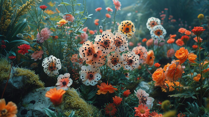 Fototapeta na wymiar A whimsical garden with flowers and plants featuring dalmatian-like spots.