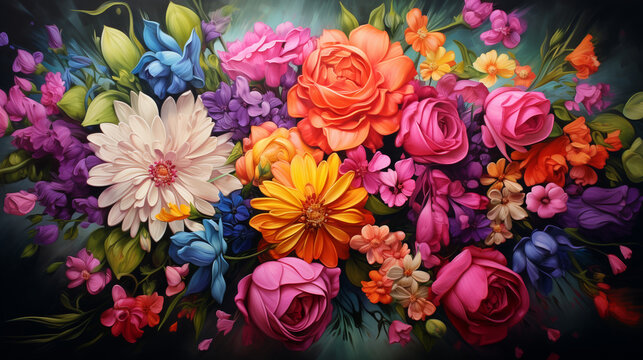 Ethereal Floral Elegance, 3D flowers, sublimated in a multitude of colors, arranged as a bouquet against a textured wooden canvas, Created using generative AI