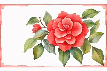 Watercolor painting of a red camellia in a decorative frame on a banner background. Generative AI