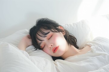 Obraz na płótnie Canvas ベッドで寝ている日本人女性のポートレート（睡眠・うたたね・寝る・快眠・休息）