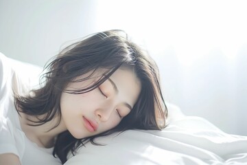 ベッドで寝ている日本人女性のポートレート（睡眠・うたたね・寝る・快眠・休息） - obrazy, fototapety, plakaty