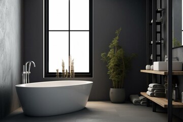 Corner of a gray bathroom featuring a bathtub, shower, and sink. Generative AI