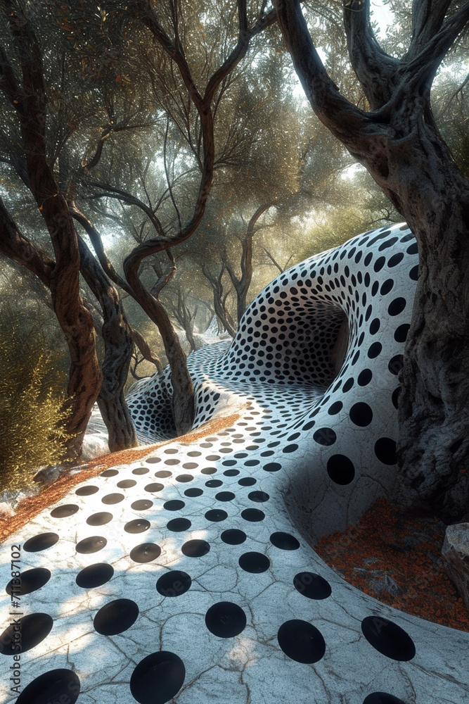 Poster a virtual reality world entirely designed in dynamic dalmatian print themes.