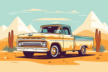 Old retro american muscle pick up truck vector illustration - obrazy, fototapety, plakaty