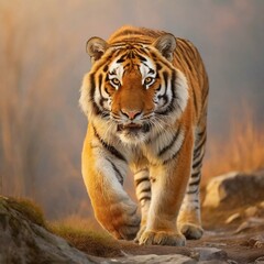 Obraz premium Large male tiger in the natural habitat. Tiger march in golden light.