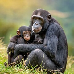 The female bonobo with a baby is sitting on the grass