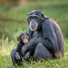 The female bonobo with a baby is sitting on the grass