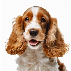 Cheerful puppy dog smiling on yellow background isolated.