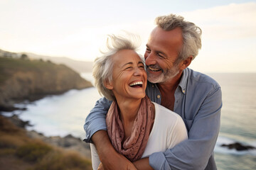happy elderly white couple, man and woman hugging against sea background