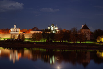 Novgorod Kremlin at night - obrazy, fototapety, plakaty