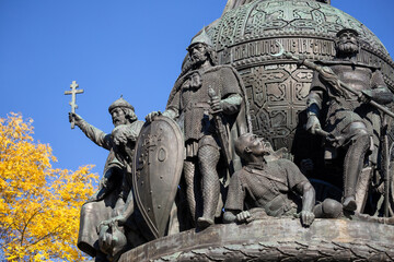 Monument to the Millennium of Russia (1862) in the Novgorod Kremlin. Fragment with the figures of Rurik, Prince Vladimir and Dmitry Donskoy - obrazy, fototapety, plakaty