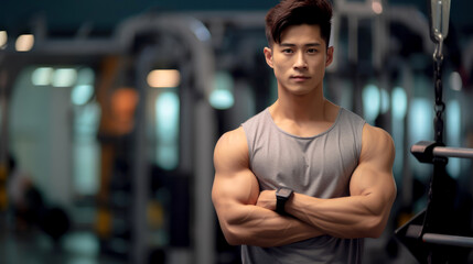 Fototapeta na wymiar Asian young male fitness trainer in the gym