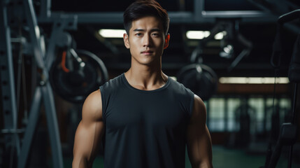 Fototapeta na wymiar Asian young male fitness trainer in the gym