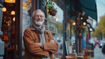 Happy smiling confident european middle aged older adult man small local business owner standing outside own cafe looking away and dreaming