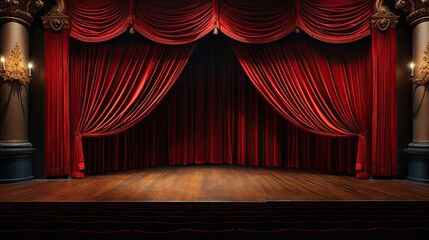 Red curtains on the stage of theater and film. Empty Stage with a closed red curtain, light from footlights background